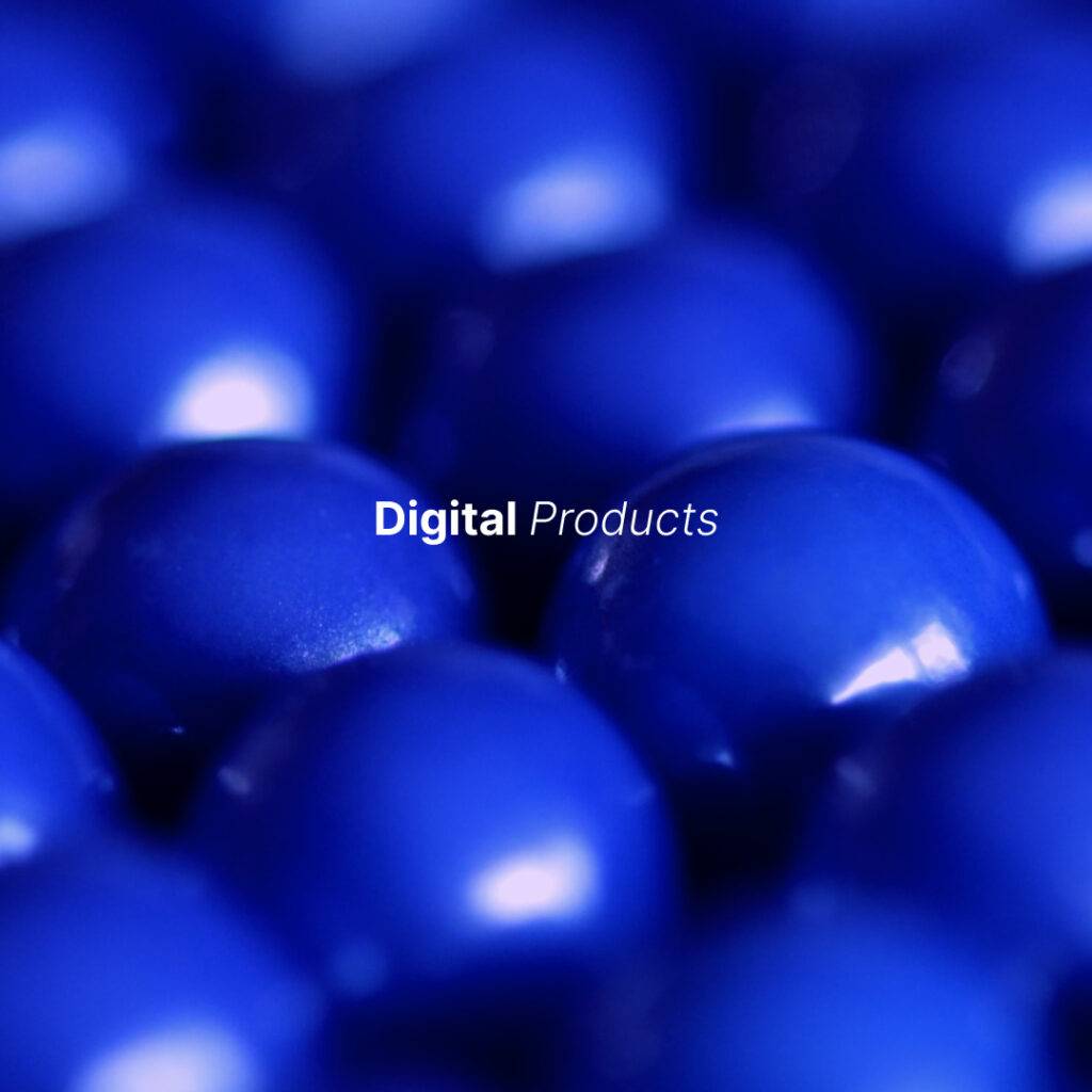 A blue close-up shoot of blue balls, it's written digital products on the picture.
